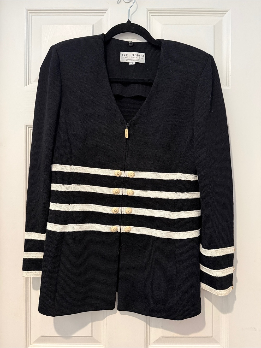 St. John Black and White Striped V-Neck Knit Jacket with Gold Buttons